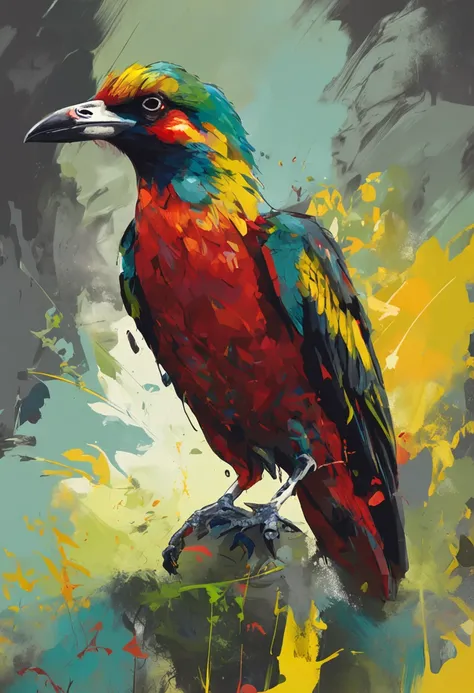 Crie uma pintura impressionista, Spontaneous realism, with the head of a bird, (olhando para a frente) , Sober, (fundo preto), UHD 8k, Very high quality for excellent printing. Lighting that highlights the figure in relation to the background, cores verde,...