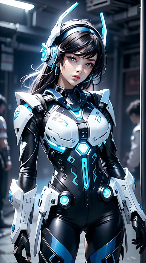 black and white mixed color mech female warrior，18 years old young girl，wear blue headphones，nice face，hd ratio，the atmosphere o...