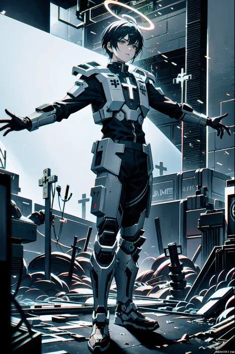 anime character in futuristic suit standing in a warehouse with arms outstretched, cyberpunk jesus christ, detailed cyberpunk illustration, scifi religious, epic graphic novel wallpaper, knights templar in a space suit, holy armor, dark high-contrast conce...