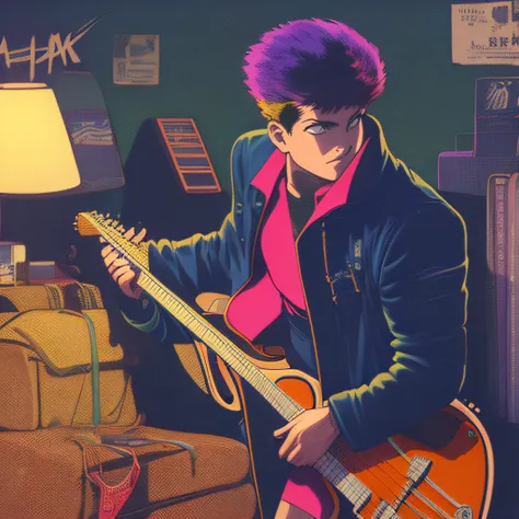 80s hq, a guitar player, punk hair, jacket, front view, garage room, dark room, low light, low saturation