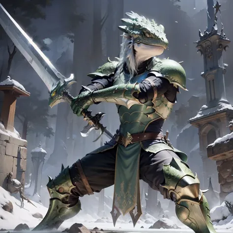 lizard swordman, full body armor, holding greatsword, battle stance, green scales, detailed, masterpiece, fantasy