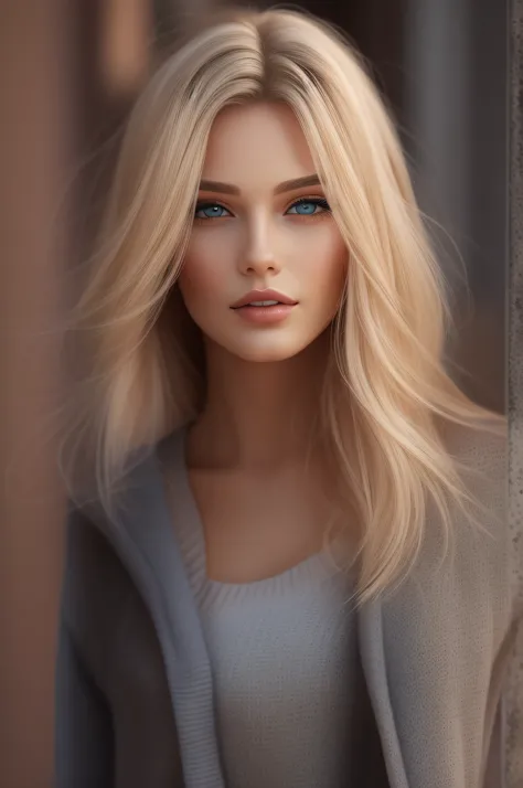 a woman with long blond hair, wearing casual clothes, walking in the city, realistic perfect face, beautiful woman face, glam make-up, dark eye make-up, dark brown hair and makeup, perfect face model, Arabella mist-splitter, perfect face ), beautiful lips:...