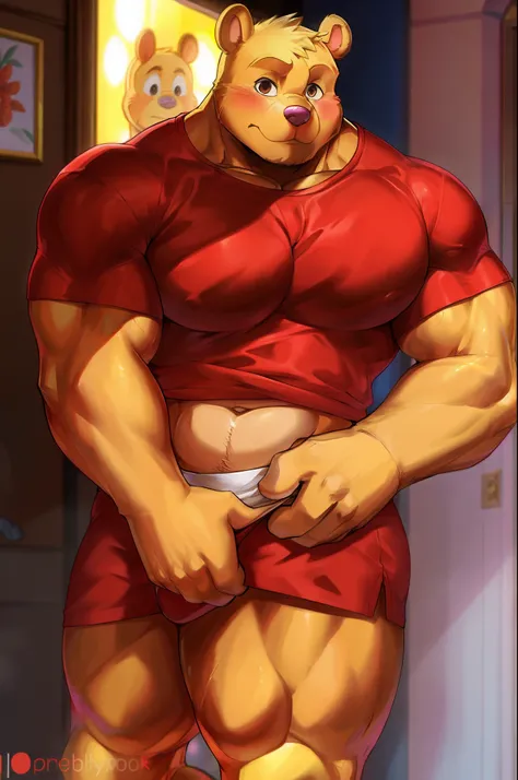 (Best quality),(masterpiece),(ultra detailed),(high detailed),(extremely detailed),Winnie the Pooh muscular winnie poooh, yellow bear, red shirt, red shirt exposing his muscles