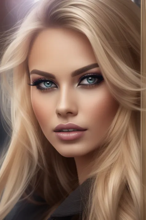 a woman with long blond hair, wearing sext clothes, walking in the city, realistic perfect face, beautiful woman face, glam make-up, dark eye make-up, dark brown hair and makeup, perfect face model, Arabella mist-splitter, perfect face ), beautiful lips:5 ...