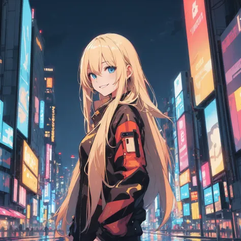 masterpiece, best quality, 1girl, long blonde hair with bangs, solo, night, colorful, cityscape, cyberpunk, light smile, city pop, vector illustration, rain