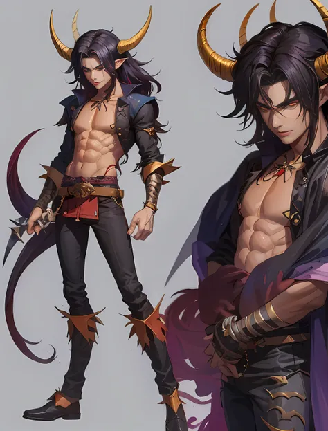 A man with horns and a cape is posing for a photo, por Yang J, demon noble character design, human male demon, Fit male demon with white horns, demon male, cara bonito na arte demon slayer, arte detalhada do personagem de anime, man male demon, handsome ja...