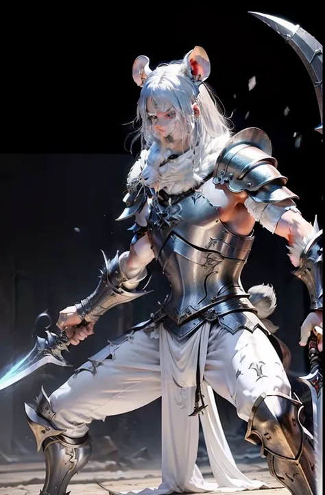 rat bestial swordman, body armor, holding dagger, battle stance, white fur, detailed, masterpiece, fantasy