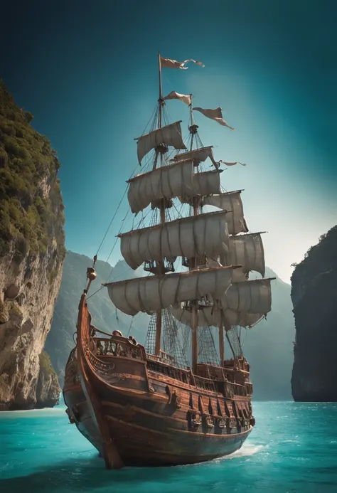 Imagine a captivating scene of a mystical pirate ship drifting in the enchanting turquoise waters of a magical kingdom. Describe the ethereal appearance of the ship, de seu intrincado, esculturas luminescentes para as velas iridescentes que captam a luz da...