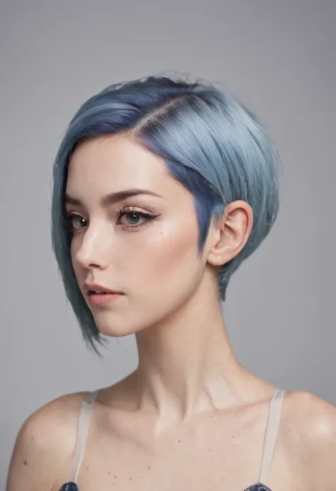 Blue-haired, short-haired, he has numerous tattoos on his body, korse, small breasts, blurlu arkaplan, 8k detay, Freckles, siyah eyeliner, black eyebrow color, whole body, looking at the audience