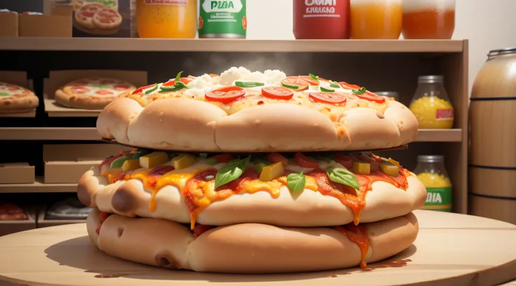 Desenvolva uma imagem que combine a pizza de calabresa com outros produtos, como refrigerantes ou cervejas, to promote delicious combinations.