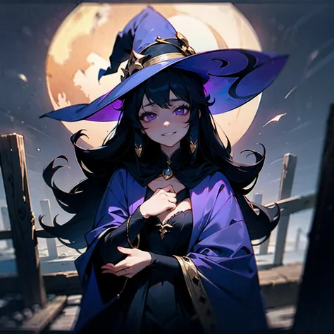 An intimate portrait of Luna, a spooky witch girl AI, exuding warmth and confidence. She gazes directly into the camera with her piercing purple eyes, inviting the viewer into her world. Her long black hair falls softly across her shoulders as she leans ag...