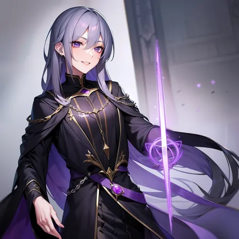 skinny boy, cute pretty young facial features, dark eyes, long dark-purple-gray hair, dark mage, black fit clothes, lots of silver jewelry, calm smile