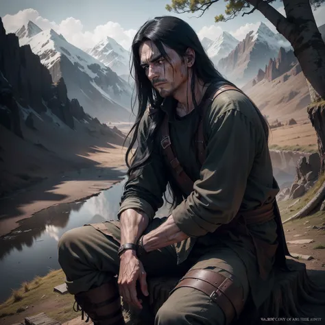 A tired warrior who can tell from his face that he has reached the end of the line, he has long black hair, his face is very dirty and bloody, his clothes are black, he is fifty years old, it is dark and it is night, there are high mountains behind him, he...