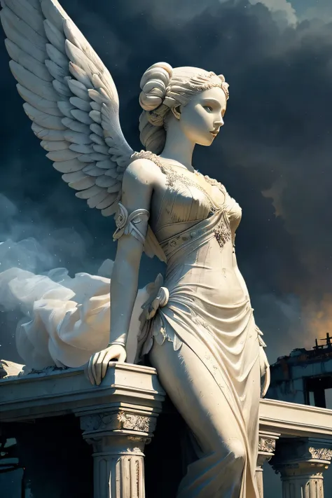 (front view of graceful female angel statue, large white wings spread up, sad, intricate white dress, walk decrepit street, destroyed buildings, dark sky, active fires in background, volumetric fog, subsurface scattering, ambient occlusion, post apocalypti...