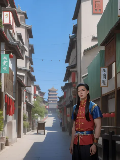 A handsome long-hair Chinese man with big eyes standing in an ancient Chinese city street, standing in an old township street, standing in an alleyway, wideangle portrait, wide - angle portrait, standing in a city center, mid shot portrait, handsome Chines...