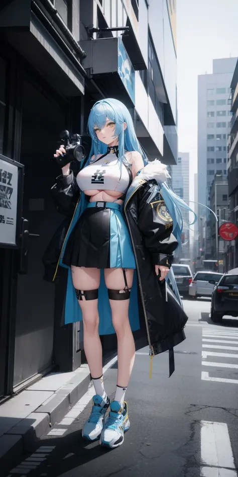 light blue hair, long hair, yellow eyes, black coat, short skirt, big boobs, tattoo on neck, inside a building, black sport shoes, stocking, on top of motorcycle, looking at camera, close up camera