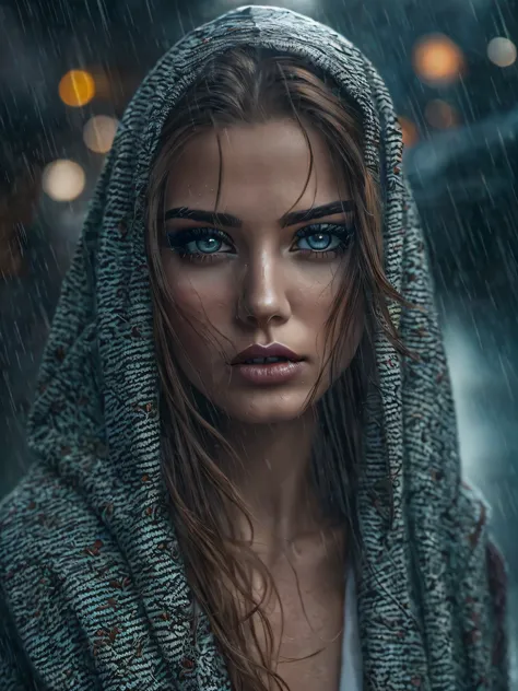 a woman with long blond hair, wearing only a sexy transparent open bathrobe, running in the city, realistic perfect face, beautiful woman face, glam make-up, dark eye make-up, dark brown hair and makeup, perfect face model, Arabella mist-splitter, perfect ...