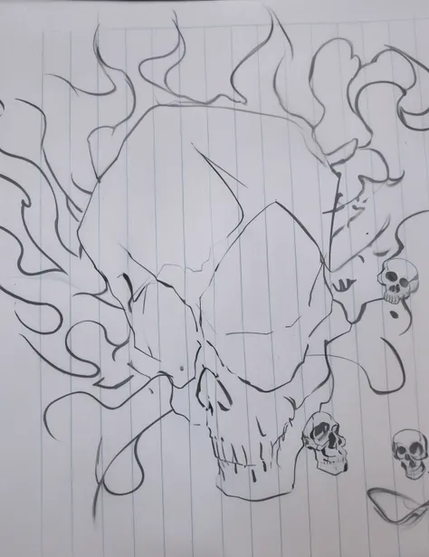 drawing of a cartoon character on a piece of paper, desenhado em papel manteiga branco, desenho de uma caveira, ((skull)), flaming skull, contorno de tinta, desenhado em papel, fiery skull contemplating life, desenho desbotado, spooky cartoon skull, on a n...