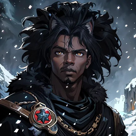 A closeup of a black man with lynx eyes and ears African beauty well-marked masculinity in a mysterious and dark look amid a blizzard on a snowy mountain A character wearing black robes for a medieval RPG and with some scars on his face and a dark look he ...