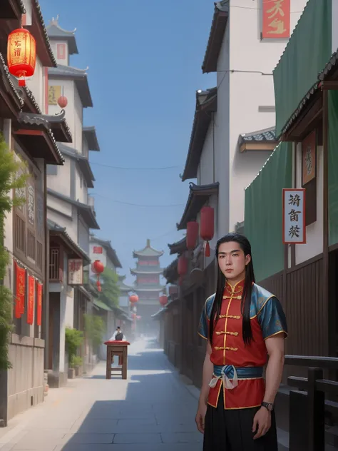 A handsome long-hair Chinese man with big eyes standing in an ancient Chinese city street, standing in an old township street, standing in an alleyway, wideangle portrait, wide - angle portrait, standing in a city center, mid shot portrait, handsome Chines...