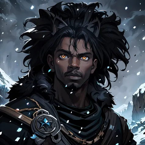 A closeup of a black man with lynx eyes and ears African beauty well-marked masculinity in a mysterious and dark look amid a blizzard on a snowy mountain A character wearing black robes for a medieval RPG and with some scars on his face and a dark look he ...