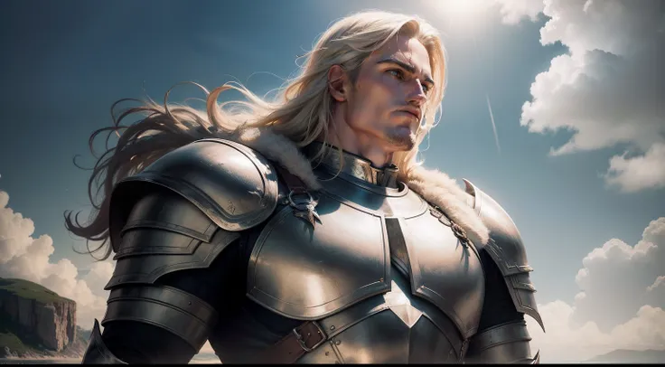 A majestic portrait of Achilles, his armor gleaming in the sunlight, standing atop a hill overlooking the sea.