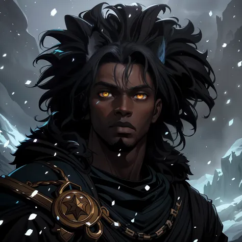 A closeup of a black man with lynx eyes and ears African beauty well-marked masculinity in a mysterious and dark look amid a blizzard on a snowy mountain A character wearing black robes for a medieval RPG and with some scars on his face and a dark look he ...