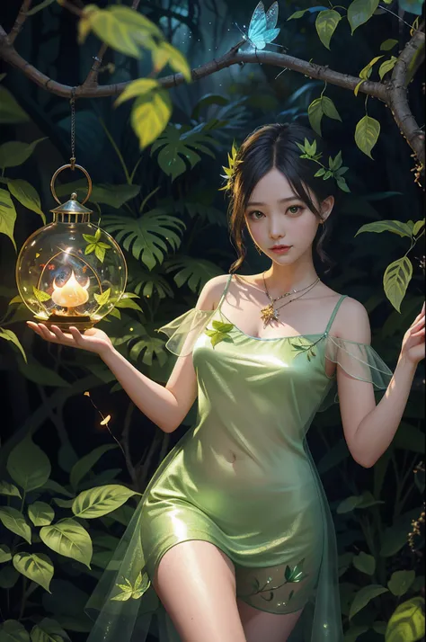 Fantasy in a lot of glass, Illuminate the night,"ethereal roses, Cute slime,Tiere, glowing little mushrooms surrounded by delicate leaves and branches, and fireflies and glowing particle effects, girl", (Natural elements), (Jungle theme), (Leaves), (Branch...