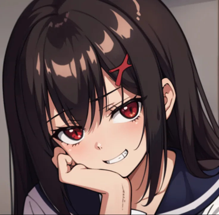 Teenage girl. Schoolgirl girl. Japanese stray uniform. dark colored hair. red-eyes. A sly grin with teeth. A look of contempt. palm of the hand on the cheek