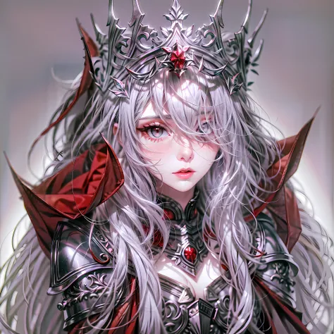 (Masterpiece, Best Quality, High Quality, absurdres, highres:1.2), (Solo:1.5), Female, Older, Long Hair, Silver Hair, Sidelocks, Hair between Eyes, Grey Eyes, Eyeliner, (Grey Eyes:1.5), (Red Eyeliner:1.2), (Red Capelet:1.1), Armor, Capelet, Tiara, (Silk, M...