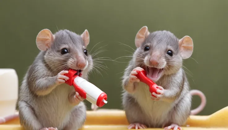 A ratinha Maria Ritinha, Renato and Roberto his two brothers mice brushing their teeth a fun action, Making toothbrushing a friendly competition to see who could make the most foam.