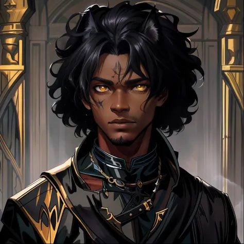 A closeup of a young black teenage man with lynx eyes and ears African beauty well-marked masculinity in a mysterious and dark look amid a blizzard on a snowy mountain A character wearing black robes for a medieval RPG and with some scars on his face and a...