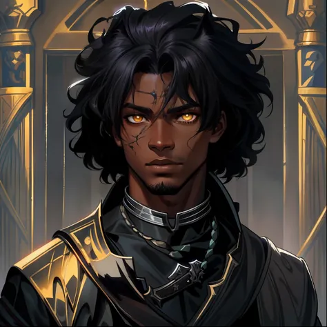 A closeup of a young black teenage man with lynx eyes and ears African beauty well-marked masculinity in a mysterious and dark look amid a blizzard on a snowy mountain A character wearing black robes for a medieval RPG and with some scars on his face and a...