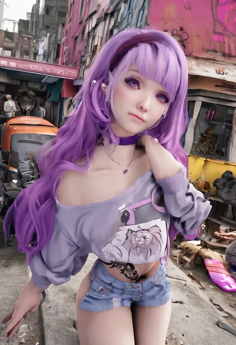 Purple hair, short hair, blue eye color, black eyeliner, tattoo, full body, 8k sakin, 8k detail, ultra realistic face, ultra quality, ultra realistic, 8k skin detail, japanese, Thick leg, huge breast