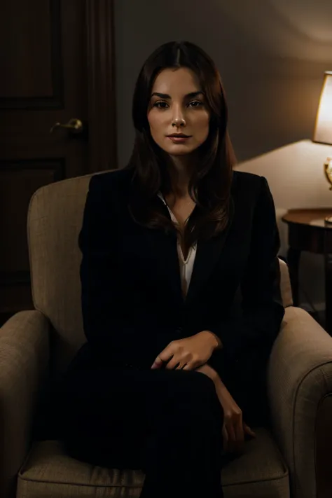 An elegant lady in a tailored black suit, his face illuminated by the light, sitting in an armchair, straight hair, seductive look