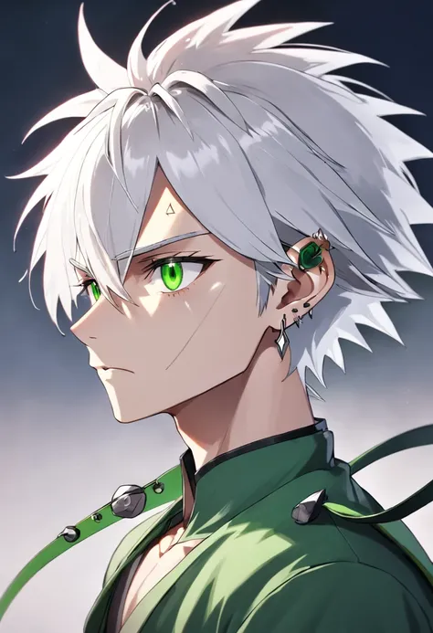 1boy colored_skin earrings green_skin ((grey_eyes)) jewelry male_focus pointy_ears potara_earrings spiked_hair white_hair, solo