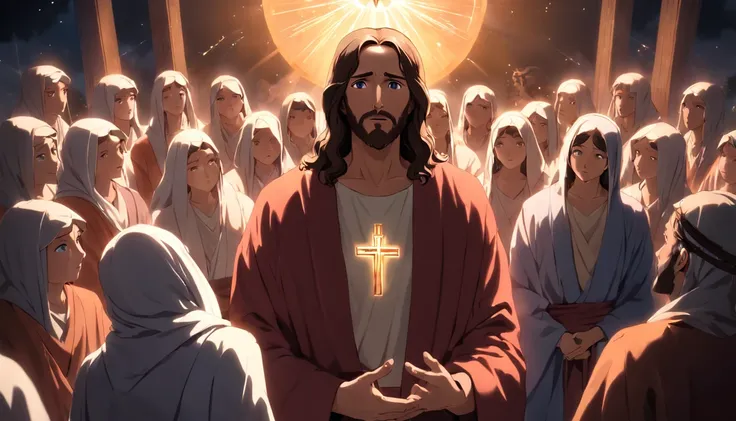 Jesus Christ with an enlightened face surrounded by young people listening to his guidance