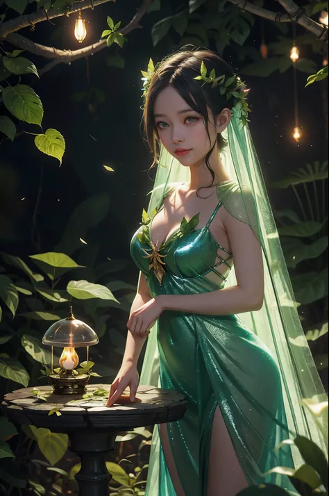 Fantasy in a lot of glass, Dimly illuminate the darkness,"ethereal roses, Cute slime,Tiere, glowing little mushrooms surrounded by delicate leaves and branches, and fireflies and glowing particle effects, Girl with a gentle smile", (Natural elements), (Jun...