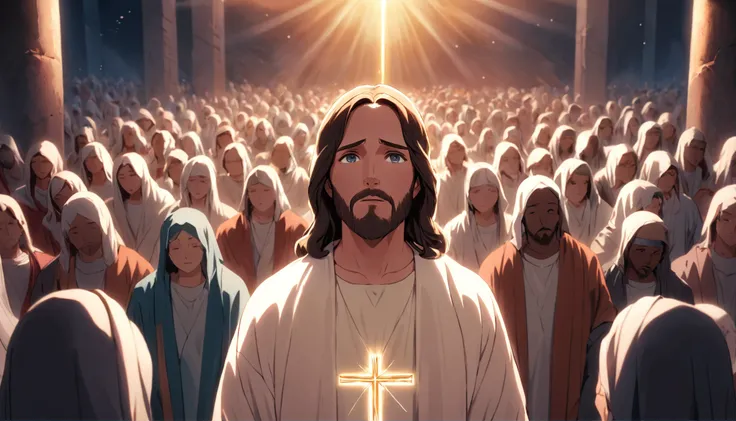 Jesus Christ with an enlightened face surrounded by young people listening to his guidance