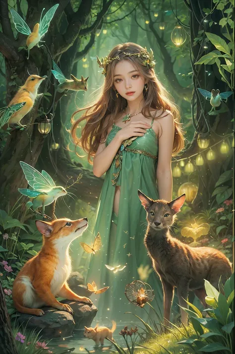 Image depicting a beautiful woman in an enchanted forest, Surrounded by a variety of cute magical creatures, As a fairy, Forest animals and bright fireflies. The scene is bathed softly, Ethereal light, Evoke a sense of surprise and delight.