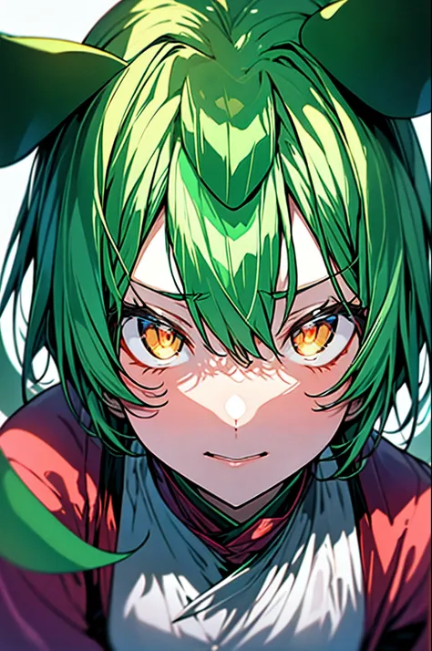 masutepiece, best quality, green hair、orange eyes, face, simple background,