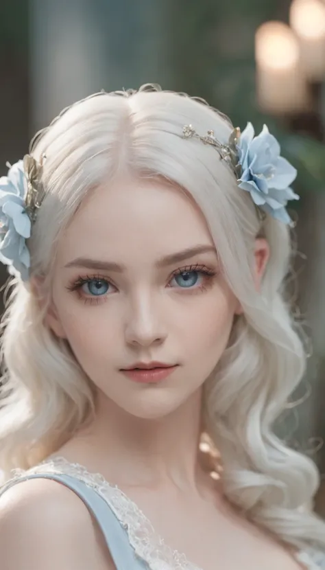 8k, 85mm, official art, raw photo, absurdres, platinum blonde hair, (blue eyes, lolita fashion, sweetlolita, gothic, dress:1.2), idol face, upper body, beautiful girl, gardeniass, short sleeve, elegance, sophisticated, gardenia, looking at viewer, film gra...