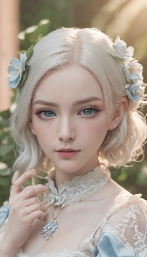 8k, 85mm, official art, raw photo, absurdres, platinum blonde hair, (blue eyes, lolita fashion, sweetlolita, gothic, dress:1.2), idol face, upper body, beautiful girl, gardeniass, short sleeve, elegance, sophisticated, gardenia, looking at viewer, film gra...