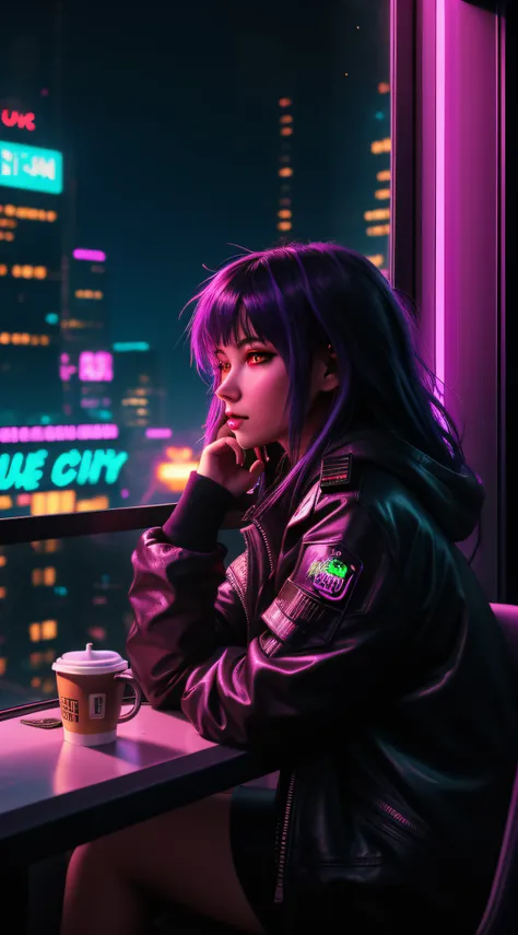 make a cyberpunk girl sitting in a coffee shop drinking her coffee and looking at the city through the window, night, neon lights, futuristic city