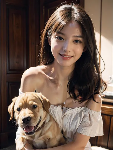 top-quality, ​masterpiece, 超A high resolution, Photorealsitic, 1girl, off shoulders, a smile、Holding a puppy、Dog frolicking