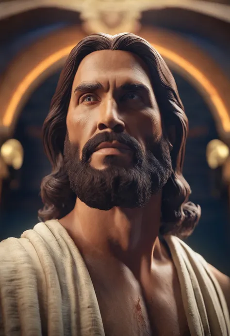 "Close-up ultra-realista em 8k de Jesus Cristo, com cabelos compridos e barba."