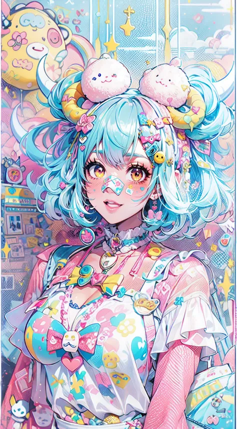 "kawaii, cute, adorable woman with pink, yellow, and baby blue color scheme. She is dressed in sky-themed clothes made out of clouds and sky motifs. Her outfit is fluffy and soft, with decora accessories like hairclips. She embodies the vibrant and trendy ...