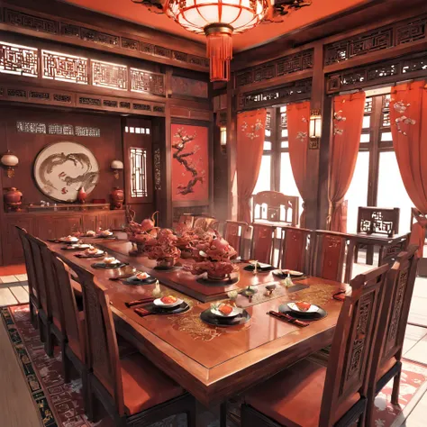 Masterpiece, best quality, 8K, (antique style interior design), ancient Chinese princess room, a large room, (long table: 1.3), There are various fruits on the long table，the long table is made of pear blossom wood, carved with dragon and phoenix patterns....