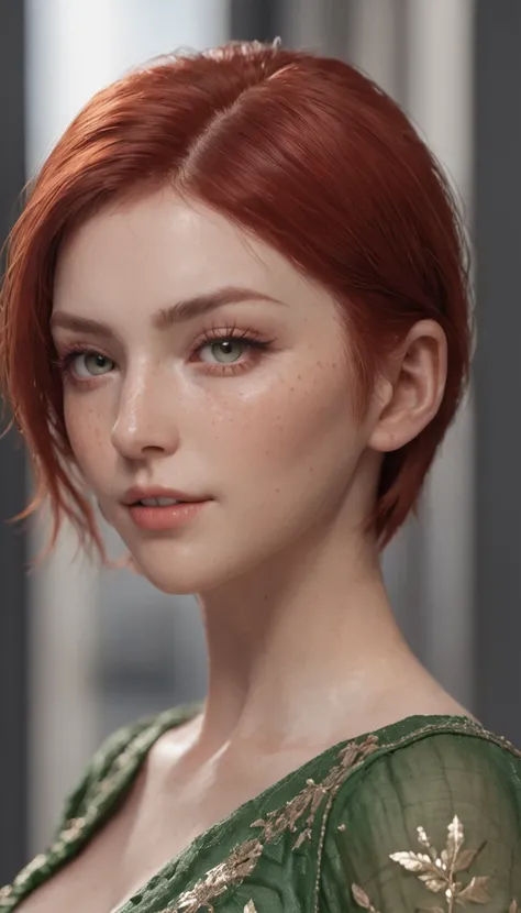 Very short hair, red hair color, Black eyeliner, green eyes, white crop, garter, big tits, full body, body, 8k detail, hyper realistic, 8k skin, ultra realistic, ultra detail, there are freckles on the face