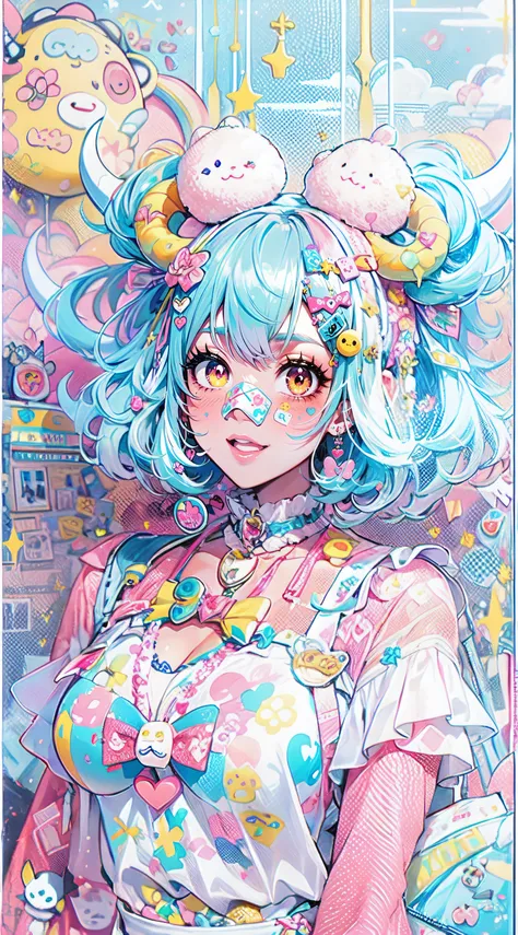 "kawaii, cute, adorable woman with pink, yellow, and baby blue color scheme. She is dressed in sky-themed clothes made out of clouds and sky motifs. Her outfit is fluffy and soft, with decora accessories like hairclips. She embodies the vibrant and trendy ...